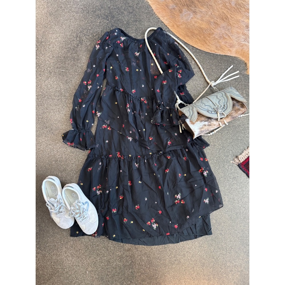 Who What Wear Black Floral Tiered Ruffle Long Sleeve Sheer Dress Women's Size S